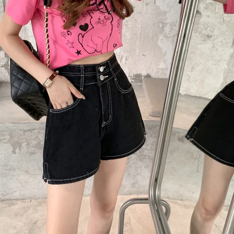 Women Shorts Side-slit Empire Retro Design Straight Denim Trousers Button Summer All-match