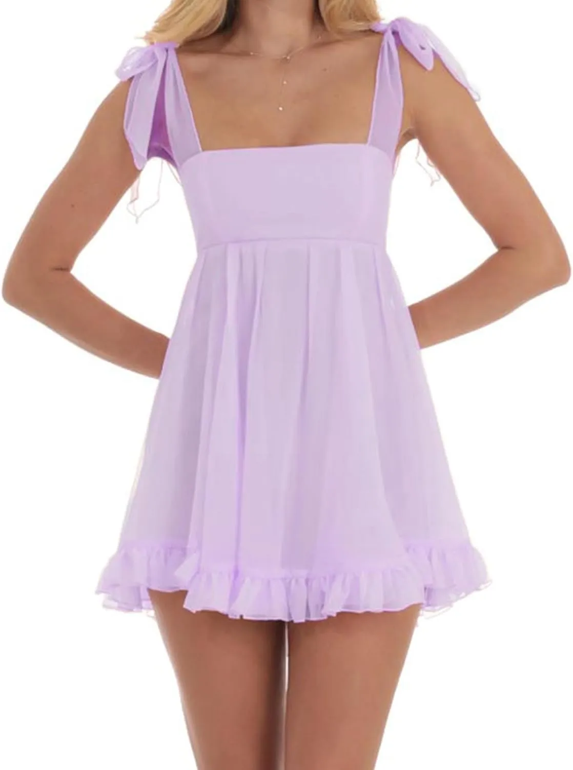 Women Y2k Lace Mini Dress Casual Backless Flowy A-Line Party Short Dress Ruffle Hem Tie Back Going Out Boho Sundress
