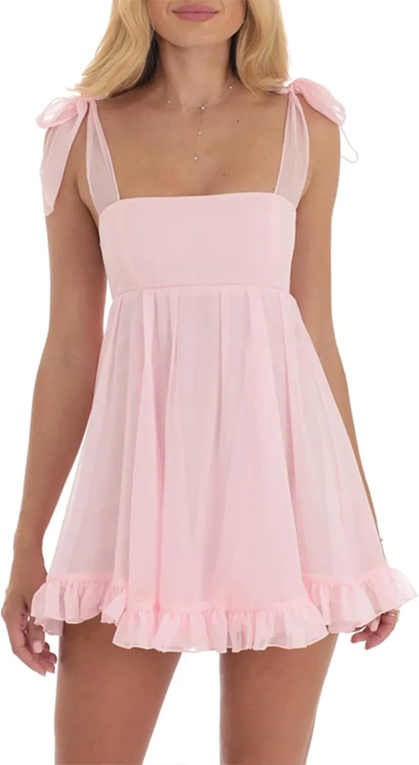 Women Y2k Lace Mini Dress Casual Backless Flowy A-Line Party Short Dress Ruffle Hem Tie Back Going Out Boho Sundress