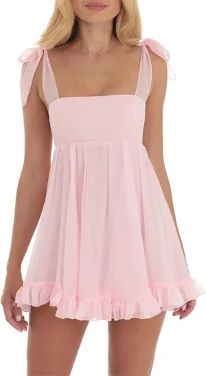Women Y2k Lace Mini Dress Casual Backless Flowy A-Line Party Short Dress Ruffle Hem Tie Back Going Out Boho Sundress