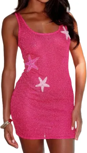Women Y2k Starfish Mini Dress Sleeveless Sequin Bodycon Short Dress Sexy Sparkly Ruffle Hem Beach Party Dresses
