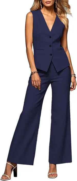 Womens 2 Piece Outfits V Neck Summer Linen Sleeveless Vest Pant Sets Suits Business Casual Suit