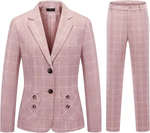 Womens 2 Piece Plaid Suits Set Business Office One Button Blazer Jacket Casual Long Sleeve Pant Suit Set