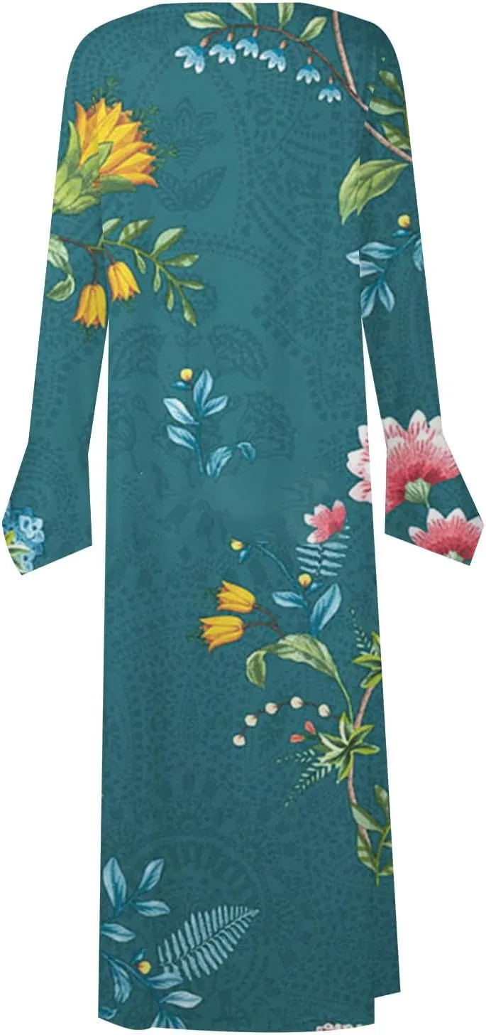 Women's 2023 Fall Plus Size Long Sleeve 1/4 Button V Neck Smocked Boho Floral Midi Dress with Pockets