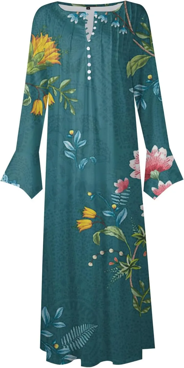 Women's 2023 Fall Plus Size Long Sleeve 1/4 Button V Neck Smocked Boho Floral Midi Dress with Pockets