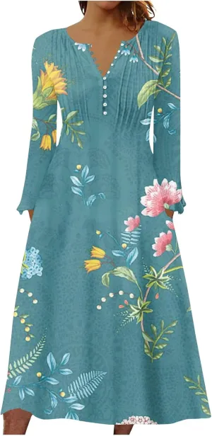 Women's 2023 Fall Plus Size Long Sleeve 1/4 Button V Neck Smocked Boho Floral Midi Dress with Pockets