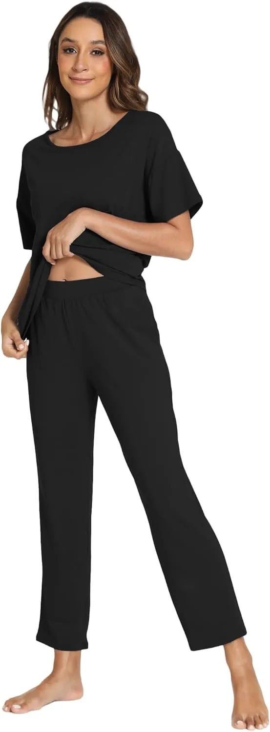Women's Bamboo Viscose Pajama Sets Short Sleeve Tee and Pants 2 Piece Sleepwear Soft Sleep Lounge Set