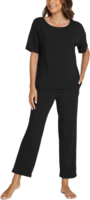 Women's Bamboo Viscose Pajama Sets Short Sleeve Tee and Pants 2 Piece Sleepwear Soft Sleep Lounge Set