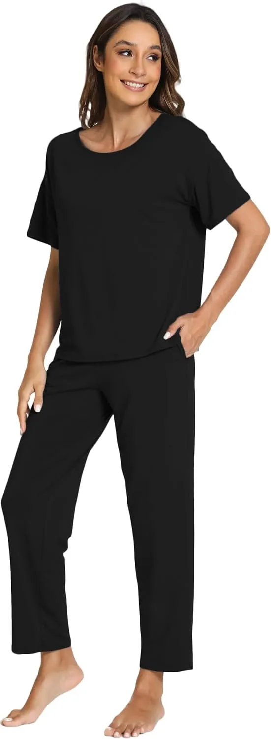 Women's Bamboo Viscose Pajama Sets Short Sleeve Tee and Pants 2 Piece Sleepwear Soft Sleep Lounge Set
