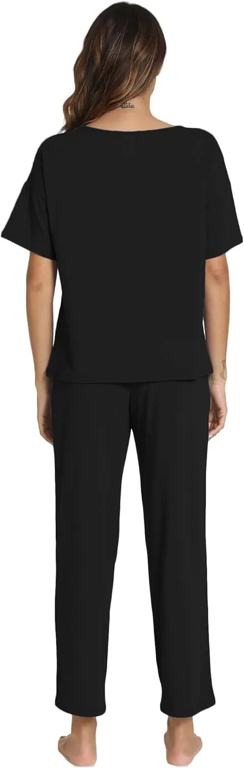 Women's Bamboo Viscose Pajama Sets Short Sleeve Tee and Pants 2 Piece Sleepwear Soft Sleep Lounge Set