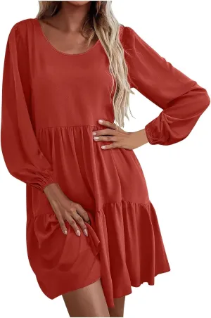 Women's Casual Dresses Fall Winter Lantern Long Sleeve High Waisted Ruffle Flowy Tiered Mini Dress Cute Babydoll Dress
