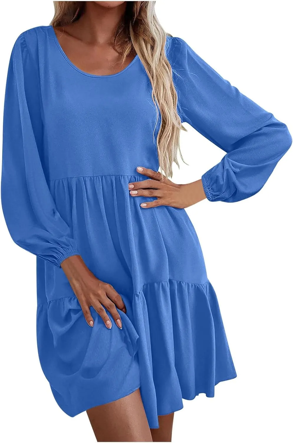 Women's Casual Dresses Fall Winter Lantern Long Sleeve High Waisted Ruffle Flowy Tiered Mini Dress Cute Babydoll Dress
