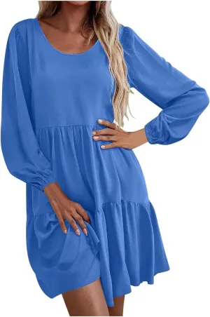 Women's Casual Dresses Fall Winter Lantern Long Sleeve High Waisted Ruffle Flowy Tiered Mini Dress Cute Babydoll Dress