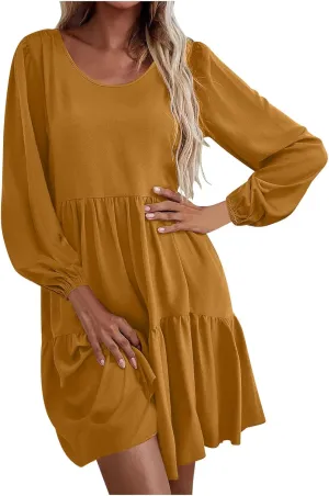 Women's Casual Dresses Fall Winter Lantern Long Sleeve High Waisted Ruffle Flowy Tiered Mini Dress Cute Babydoll Dress