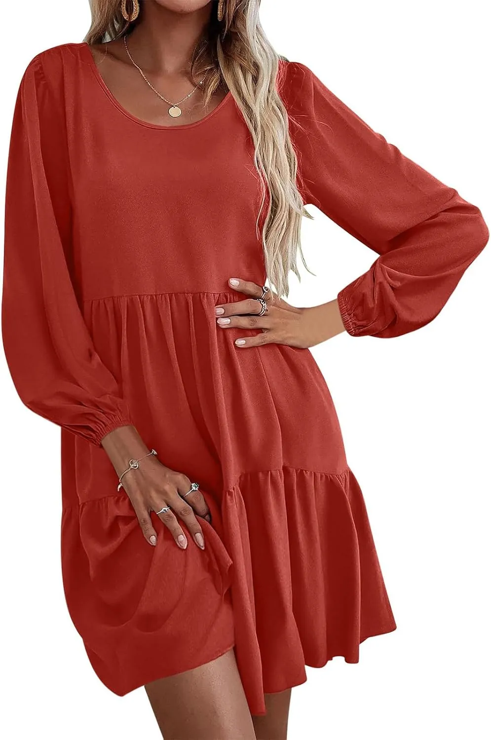 Women's Casual Dresses Fall Winter Lantern Long Sleeve High Waisted Ruffle Flowy Tiered Mini Dress Cute Babydoll Dress