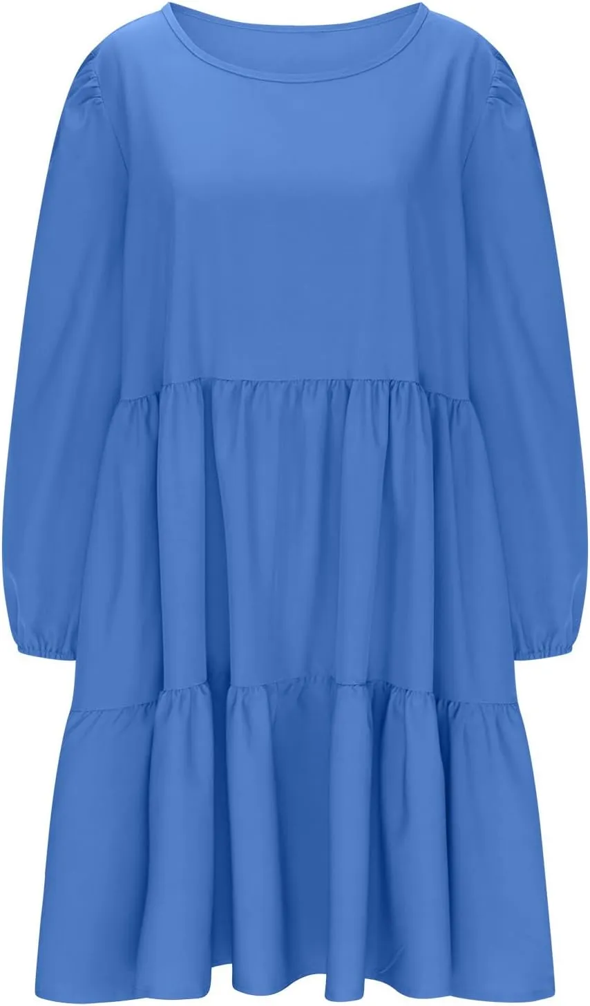 Women's Casual Dresses Fall Winter Lantern Long Sleeve High Waisted Ruffle Flowy Tiered Mini Dress Cute Babydoll Dress