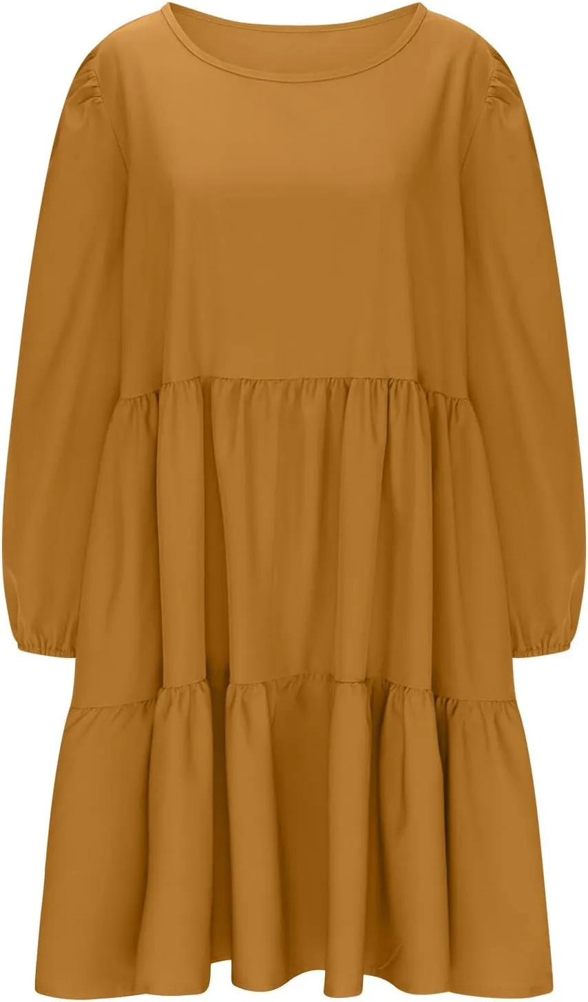 Women's Casual Dresses Fall Winter Lantern Long Sleeve High Waisted Ruffle Flowy Tiered Mini Dress Cute Babydoll Dress