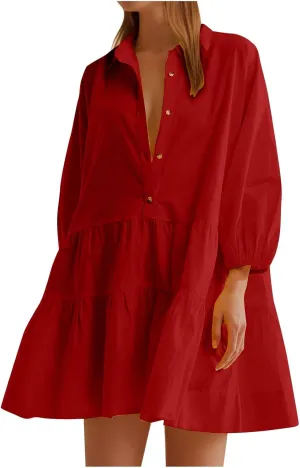 Women's Casual Dresses Long Sleeve Collared Button Down Shirt Dress Flowy Tiered Babydoll Mini Dress Fall Tunic Dress