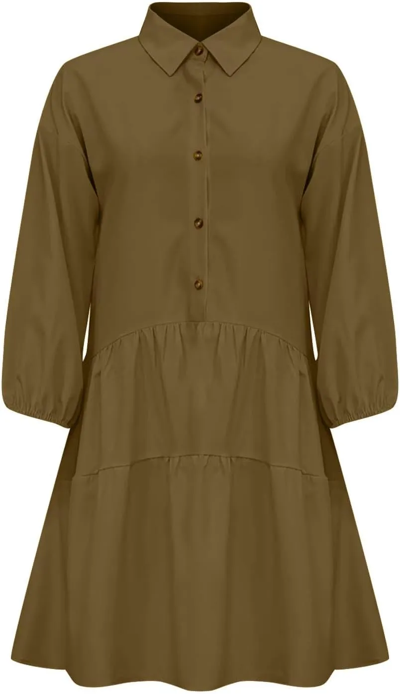 Women's Casual Dresses Long Sleeve Collared Button Down Shirt Dress Flowy Tiered Babydoll Mini Dress Fall Tunic Dress