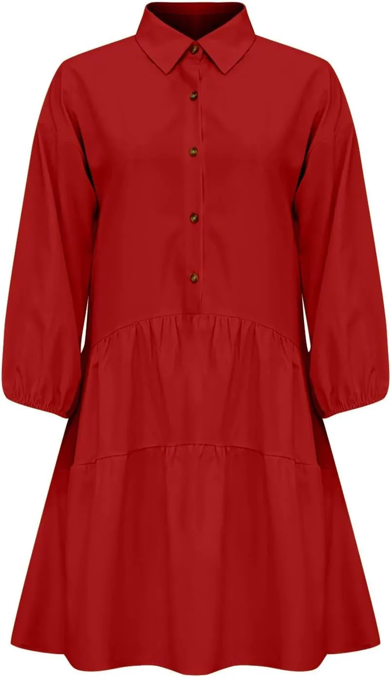 Women's Casual Dresses Long Sleeve Collared Button Down Shirt Dress Flowy Tiered Babydoll Mini Dress Fall Tunic Dress