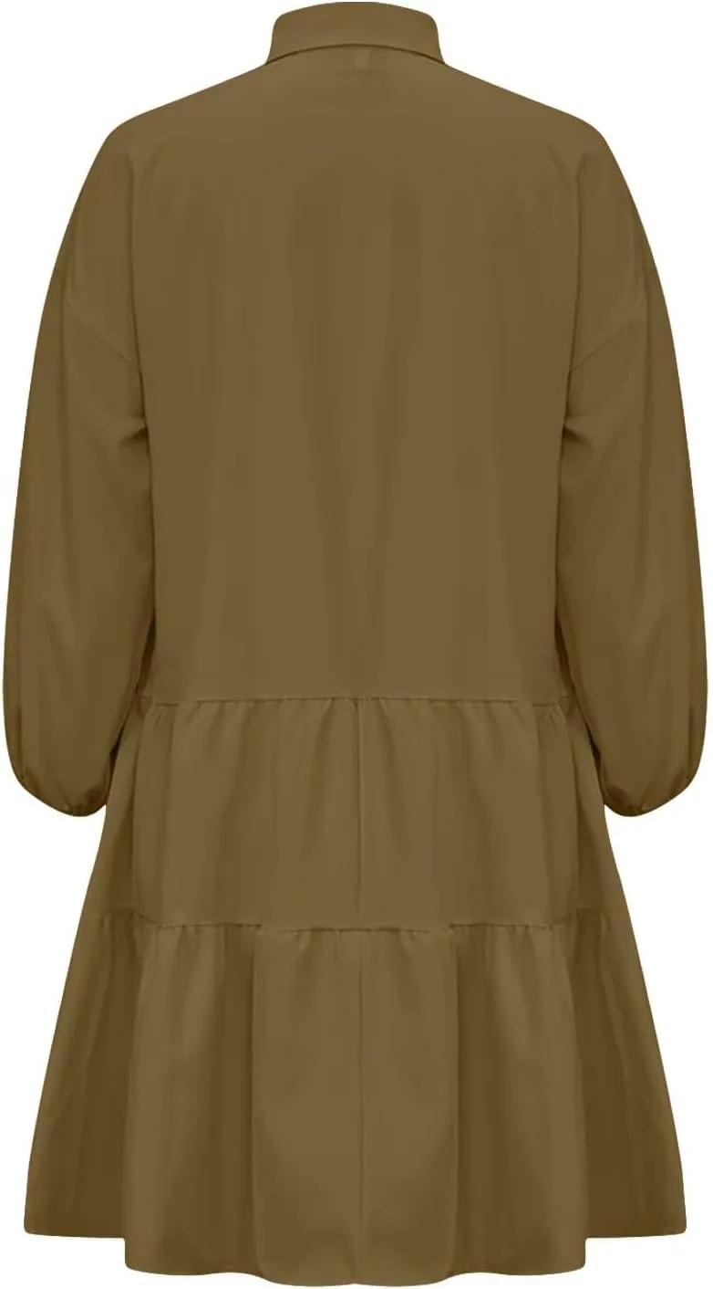 Women's Casual Dresses Long Sleeve Collared Button Down Shirt Dress Flowy Tiered Babydoll Mini Dress Fall Tunic Dress