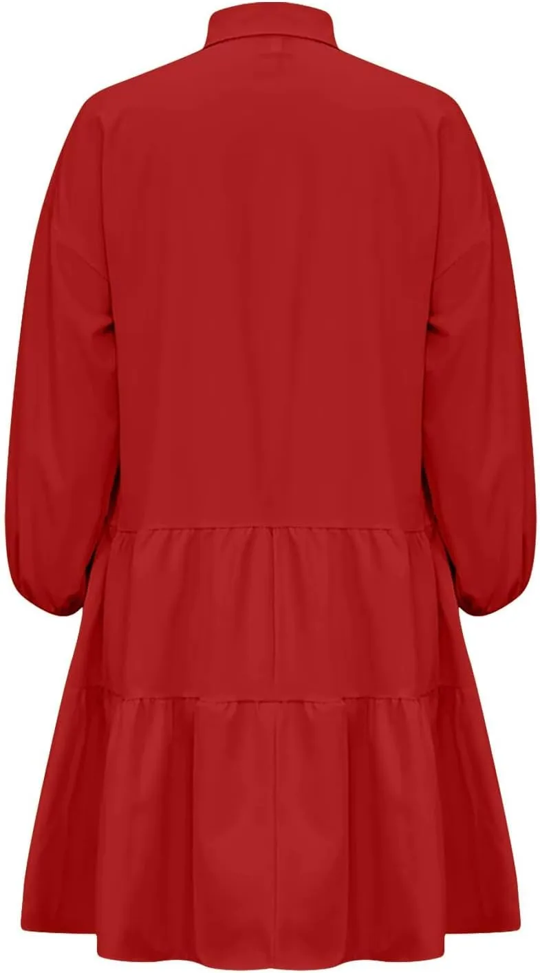 Women's Casual Dresses Long Sleeve Collared Button Down Shirt Dress Flowy Tiered Babydoll Mini Dress Fall Tunic Dress