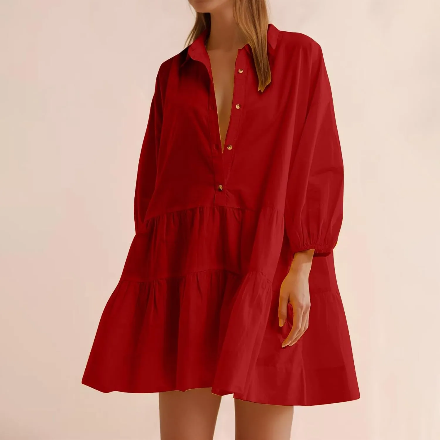 Women's Casual Dresses Long Sleeve Collared Button Down Shirt Dress Flowy Tiered Babydoll Mini Dress Fall Tunic Dress