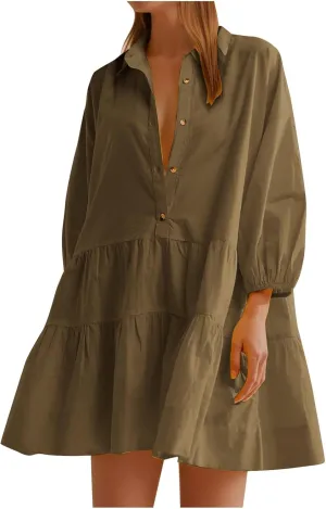 Women's Casual Dresses Long Sleeve Collared Button Down Shirt Dress Flowy Tiered Babydoll Mini Dress Fall Tunic Dress