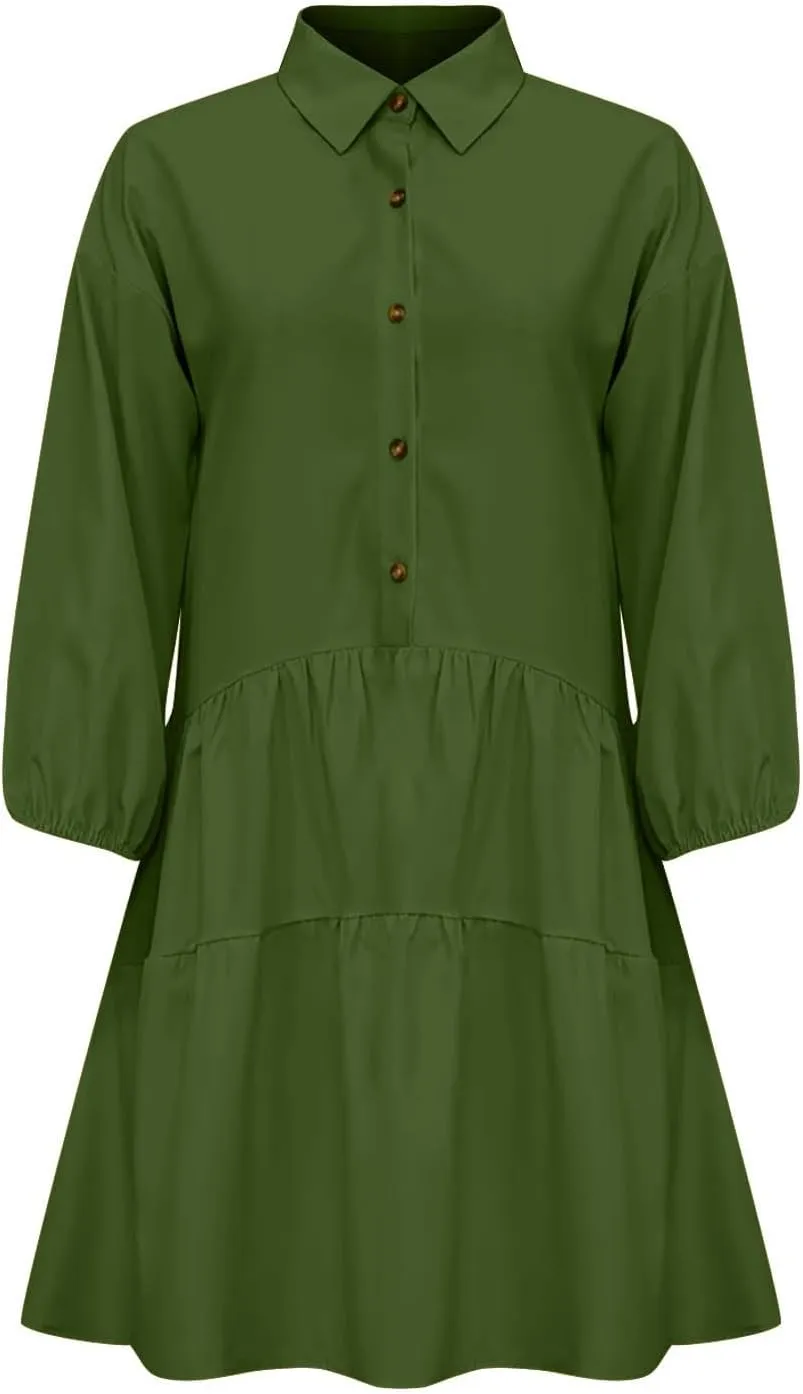 Women's Casual Dresses Long Sleeve Collared Button Down Shirt Dress Flowy Tiered Babydoll Mini Dress Fall Tunic Dress