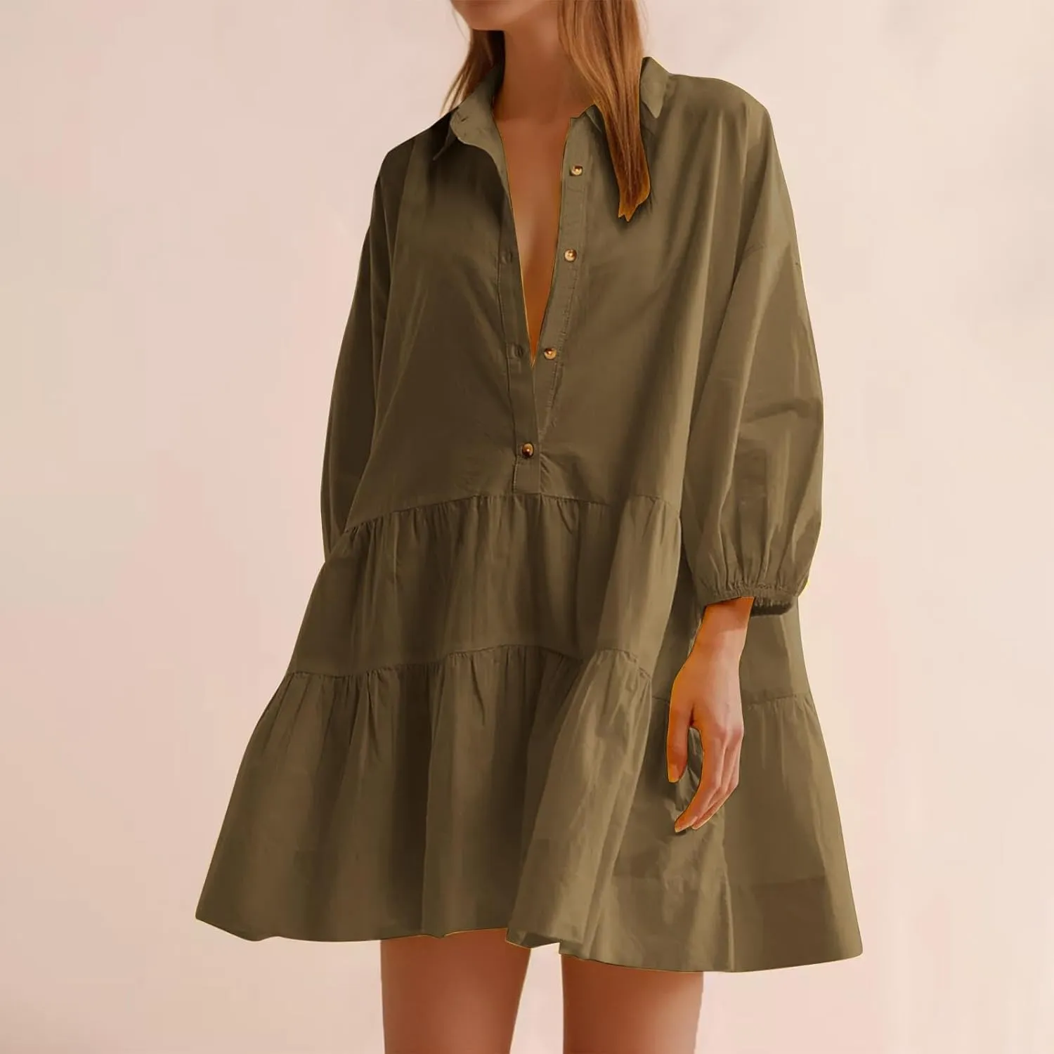 Women's Casual Dresses Long Sleeve Collared Button Down Shirt Dress Flowy Tiered Babydoll Mini Dress Fall Tunic Dress