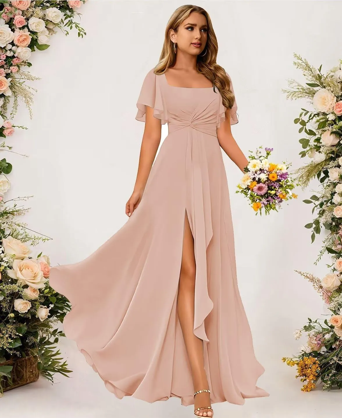Women's Chiffon Bridesmaid Dresses with Flutter Sleeve Square Neck Formal Dresses Long Ruched Evening Dress GA035