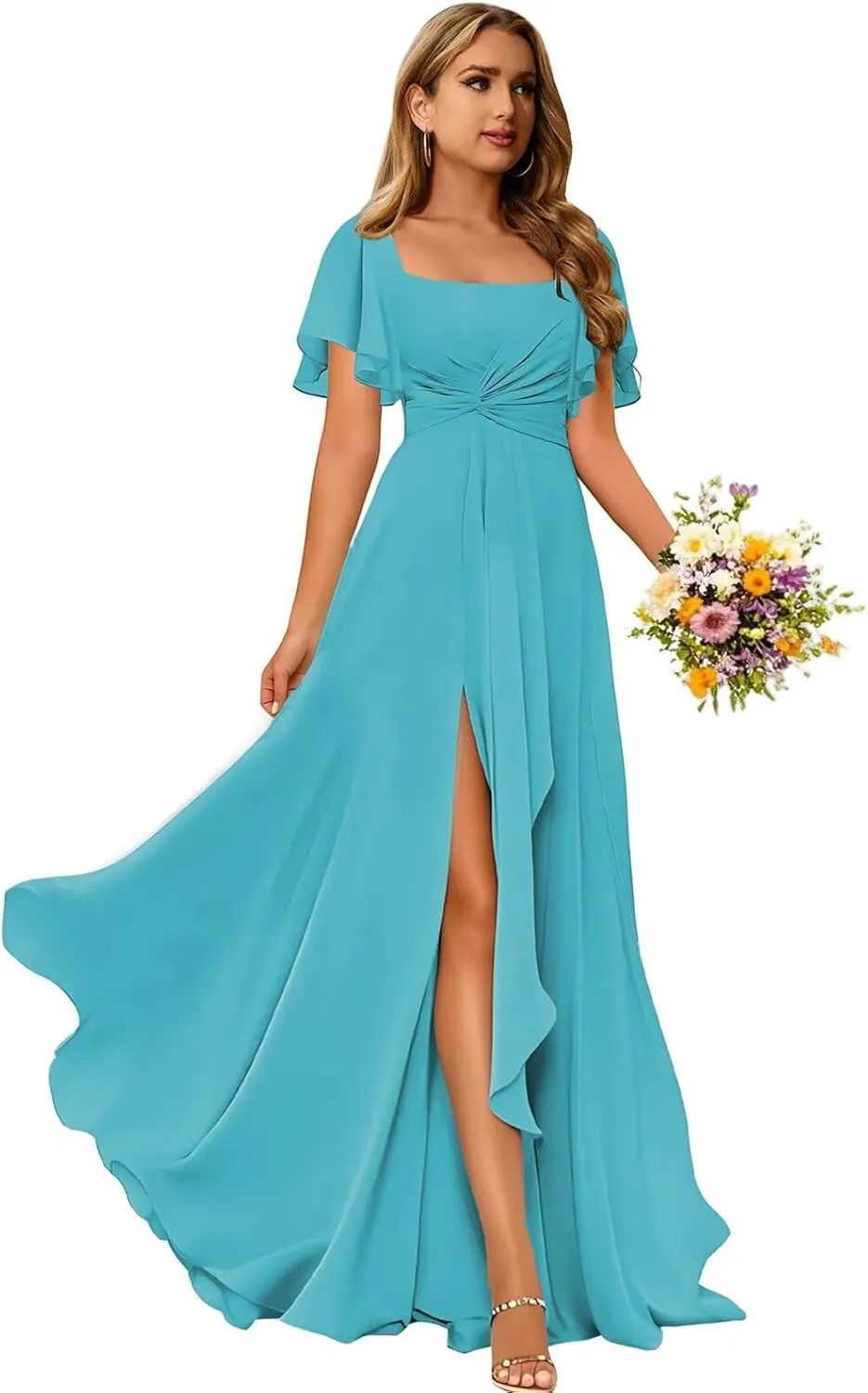 Women's Chiffon Bridesmaid Dresses with Flutter Sleeve Square Neck Formal Dresses Long Ruched Evening Dress GA035