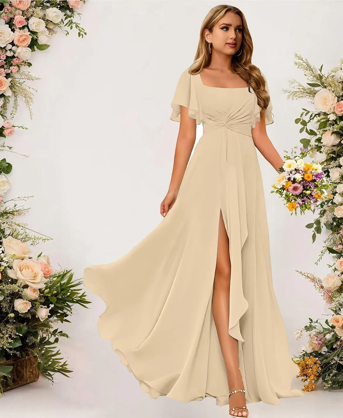 Women's Chiffon Bridesmaid Dresses with Flutter Sleeve Square Neck Formal Dresses Long Ruched Evening Dress GA035