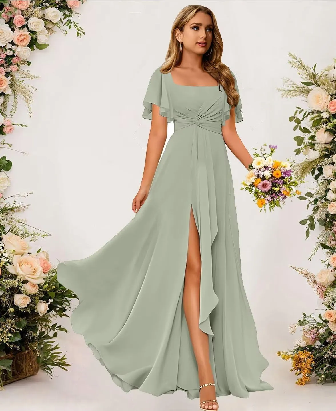Women's Chiffon Bridesmaid Dresses with Flutter Sleeve Square Neck Formal Dresses Long Ruched Evening Dress GA035