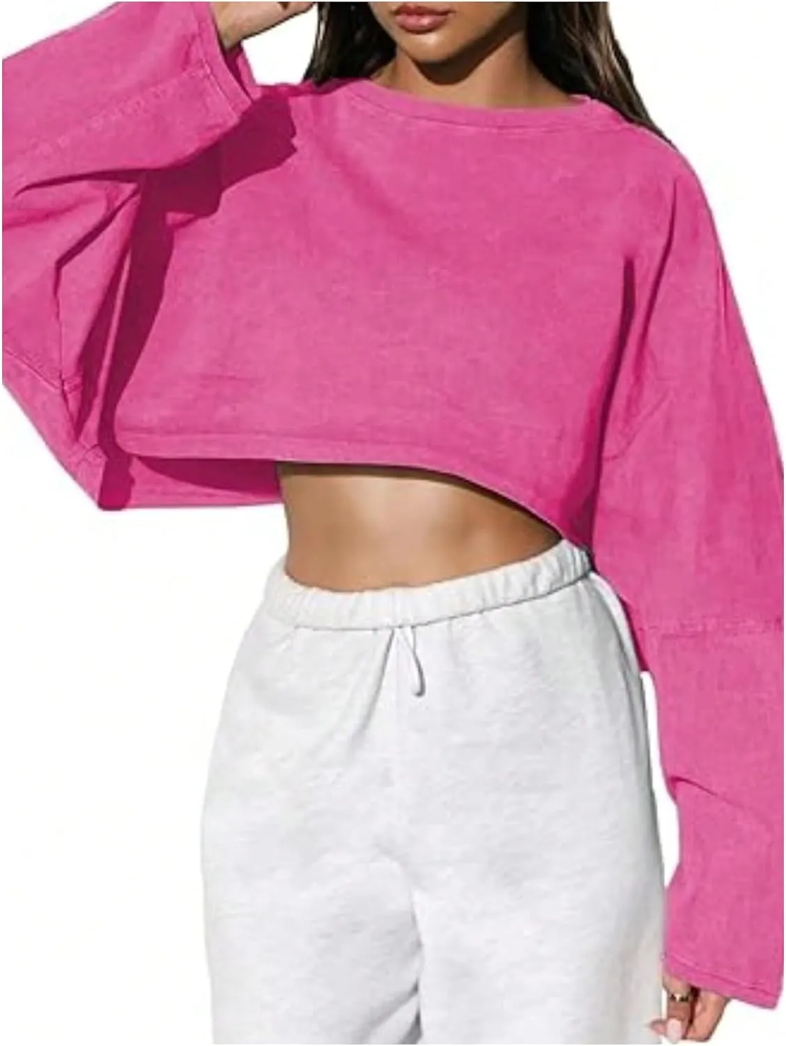 Women's Crew Neck Crop Sweatshirt Long Sleeve Oversized Sweatshirts Drop Shoulder Shirt Loose Pullover Sports Cropper