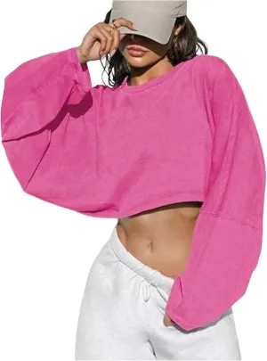 Women's Crew Neck Crop Sweatshirt Long Sleeve Oversized Sweatshirts Drop Shoulder Shirt Loose Pullover Sports Cropper