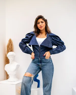 Women's Dark Denim Collar Jacket - Stylish Egyptian-Made Denim Fabric Top for All Seasons