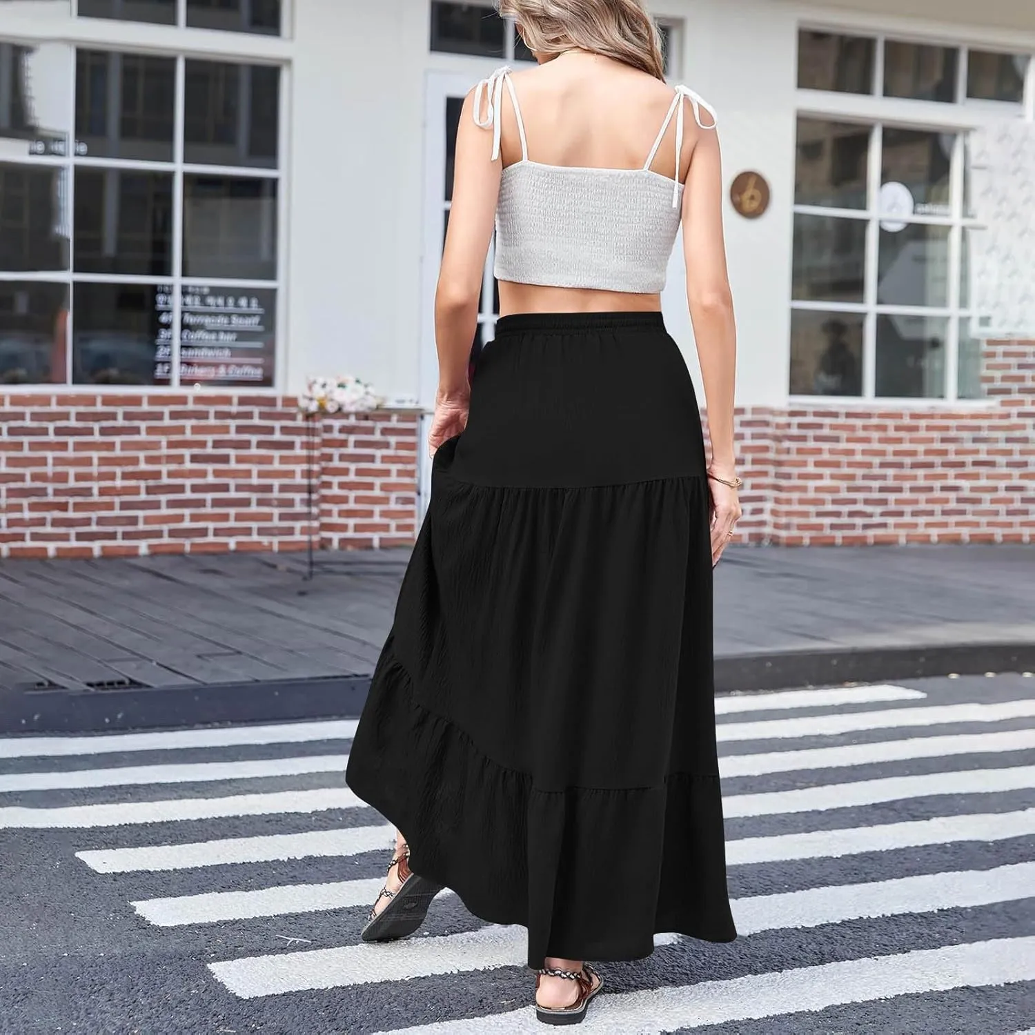 Women's Flowy Boho Maxi Skirt Elastic High Waist A Line Pleated Tiered Summer Casual Beach Long Skirts with Pocket Side Split