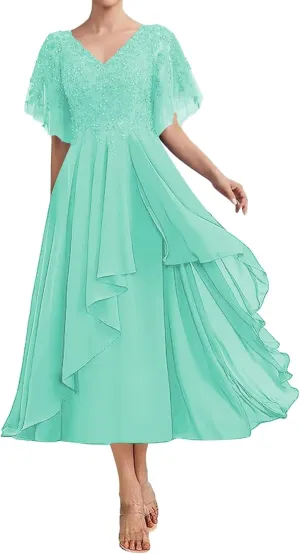 Women's Lace Tea Length Mother of Bride Elegant Dresses Beaded A Line Chiffon Wedding Guest Dress with Appliques