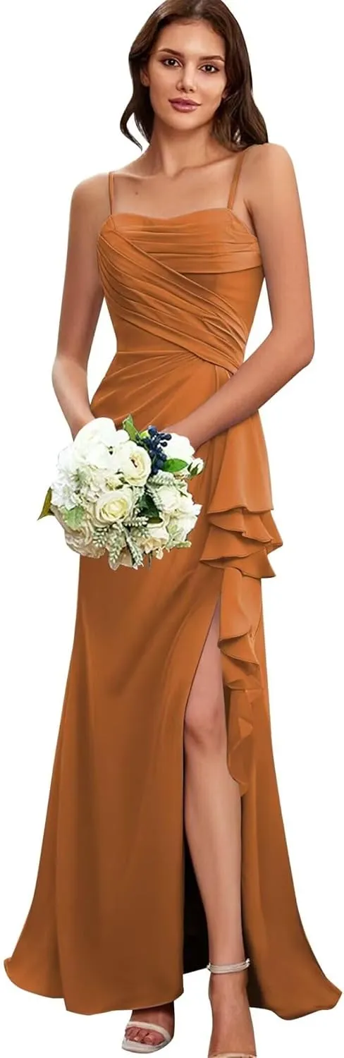 Women's Long Bridesmaid Dresses 2025 with Slit Spaghetti Straps Formal Party Gowns A Line Formal Dress