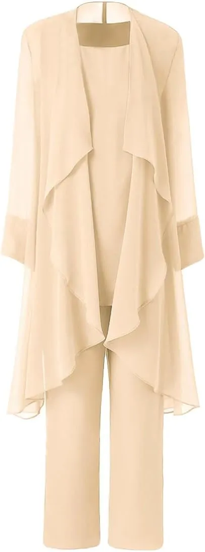 Women's Mother of The Bride Pant Suits 3 Pieces Chiffon Outfit Sets for Wedding Pant Suit with Jacket