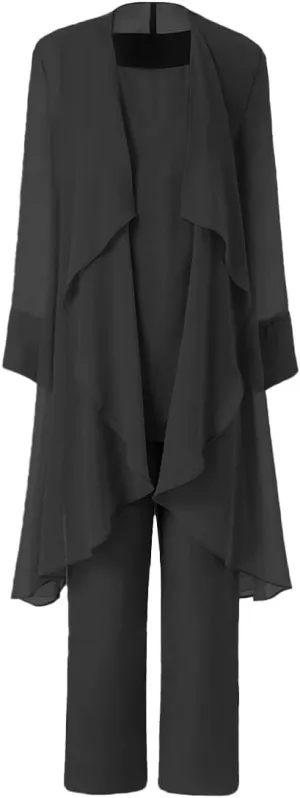 Women's Mother of The Bride Pant Suits 3 Pieces Chiffon Outfit Sets for Wedding Pant Suit with Jacket