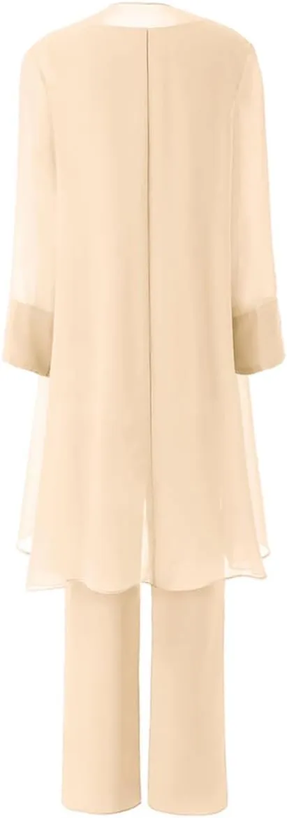 Women's Mother of The Bride Pant Suits 3 Pieces Chiffon Outfit Sets for Wedding Pant Suit with Jacket