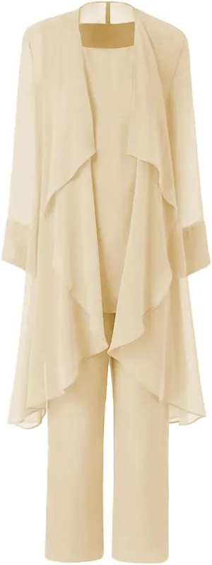 Women's Mother of The Bride Pant Suits 3 Pieces Chiffon Outfit Sets for Wedding Pant Suit with Jacket