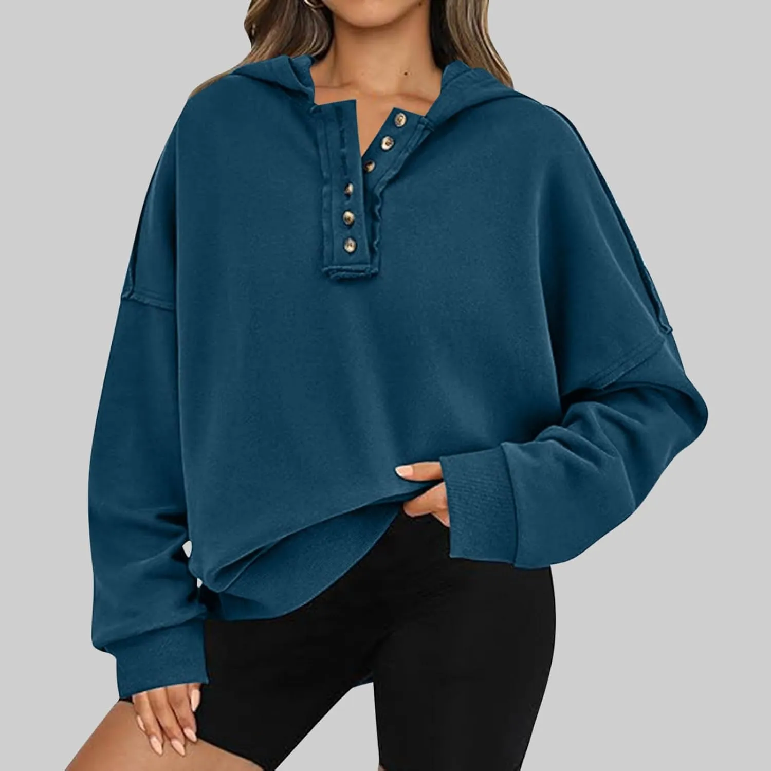 Womens Oversized Hoodies Trendy Loose Button v Neck Hooded Pullover Sweatshirt Fall Outfits 2024 Preppy Clothes