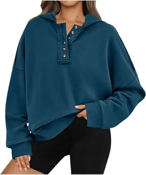 Womens Oversized Hoodies Trendy Loose Button v Neck Hooded Pullover Sweatshirt Fall Outfits 2024 Preppy Clothes