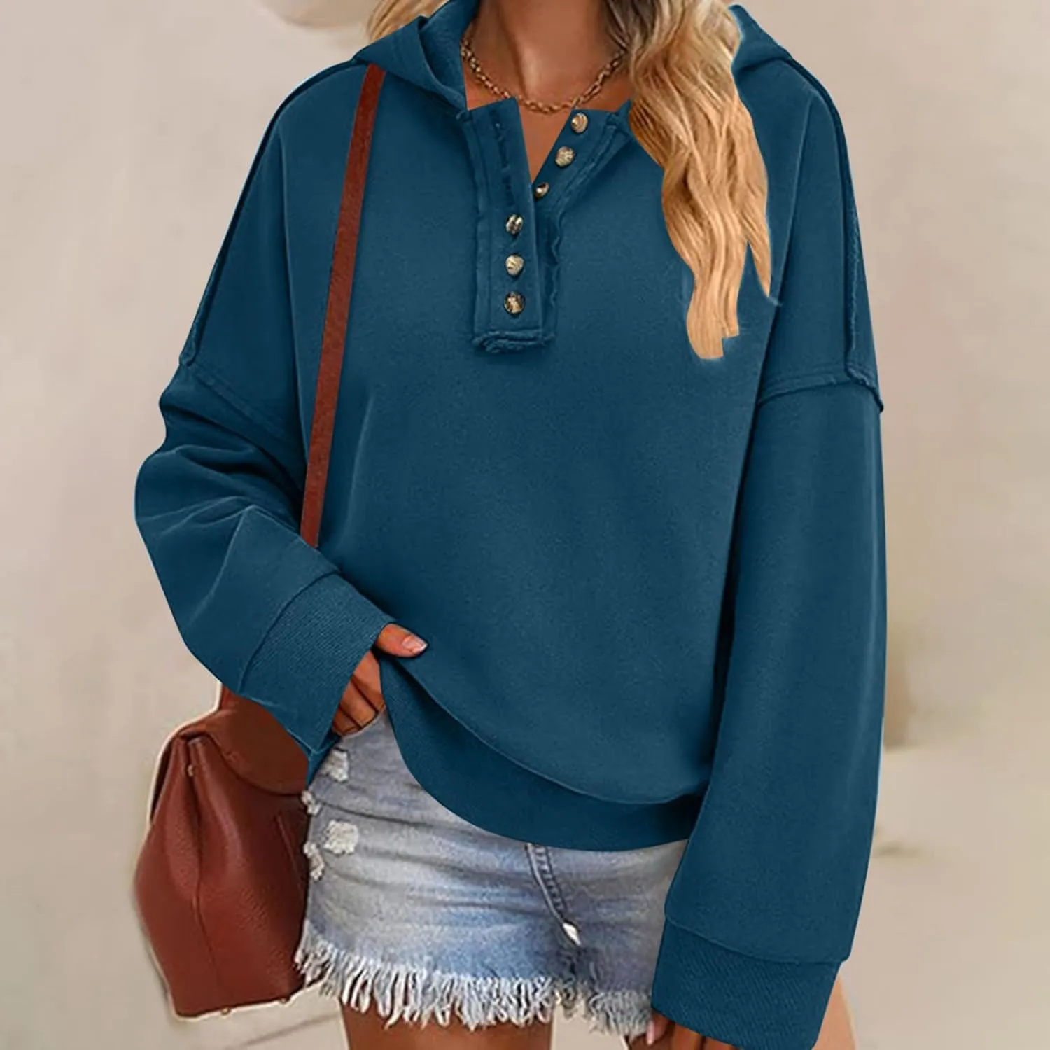 Womens Oversized Hoodies Trendy Loose Button v Neck Hooded Pullover Sweatshirt Fall Outfits 2024 Preppy Clothes