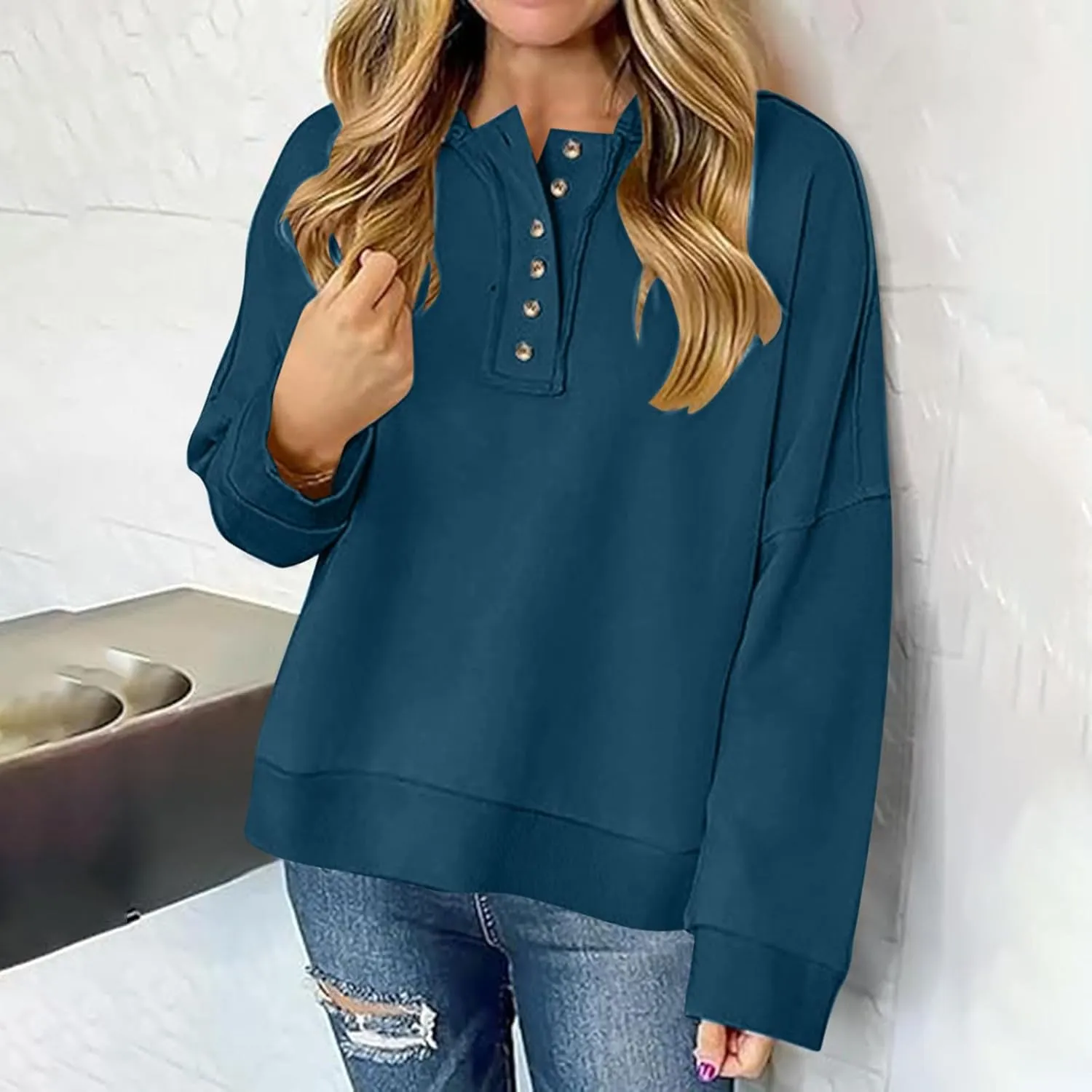 Womens Oversized Hoodies Trendy Loose Button v Neck Hooded Pullover Sweatshirt Fall Outfits 2024 Preppy Clothes