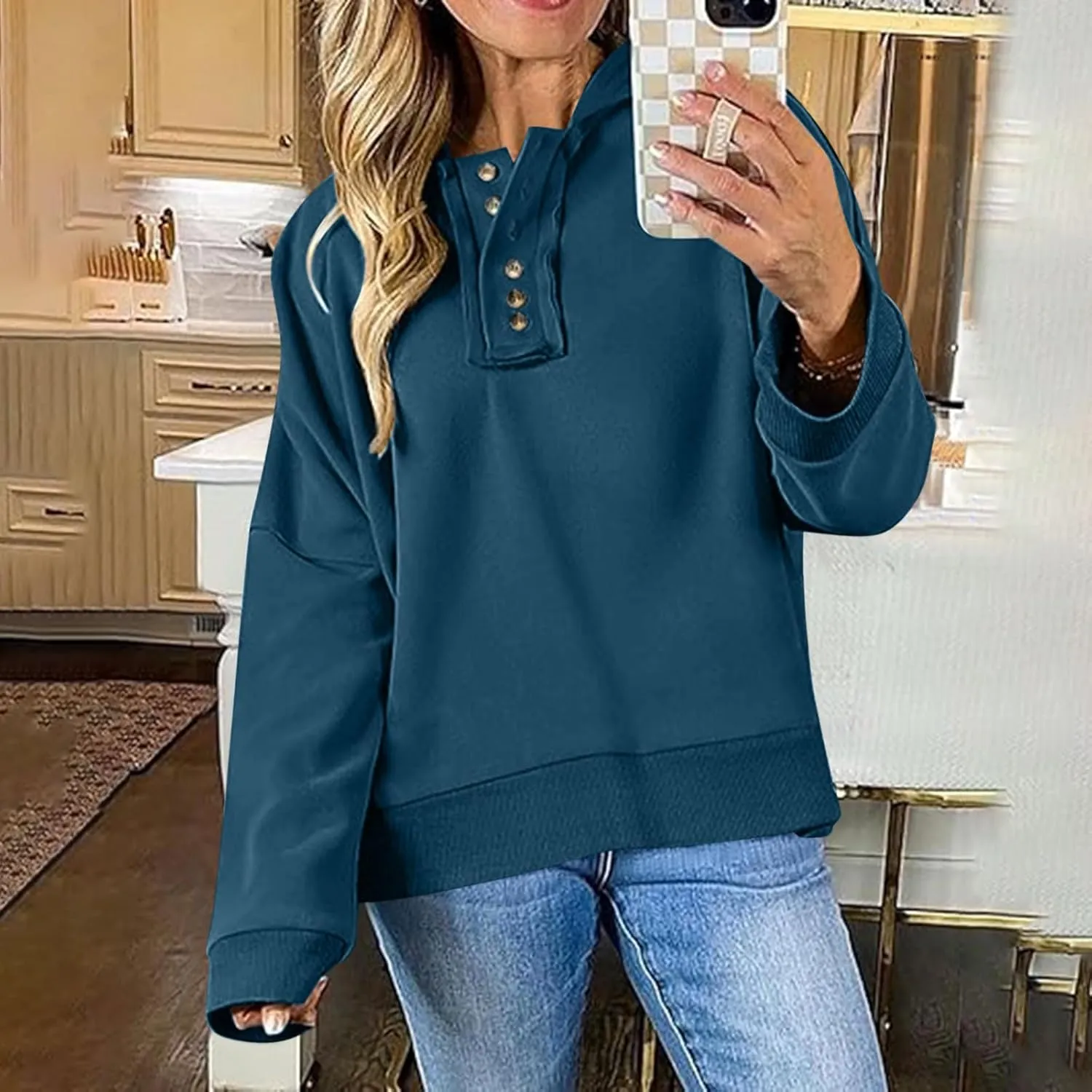 Womens Oversized Hoodies Trendy Loose Button v Neck Hooded Pullover Sweatshirt Fall Outfits 2024 Preppy Clothes