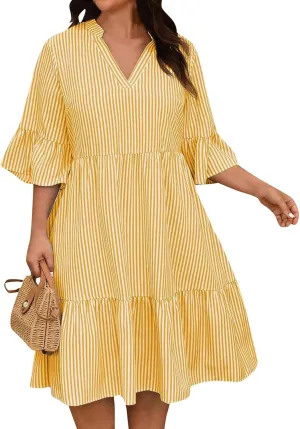 Women's Plus Size Dresses for Curvy Summer Striped Loose Short Sleeve V Neck Layered Ruffle Hem Midi Dress